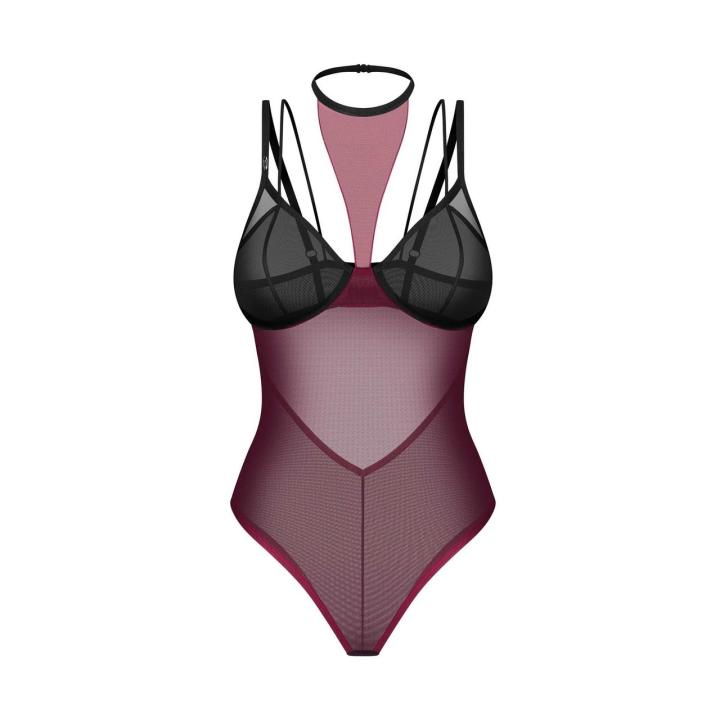 Obsessive Parisel body z chokerem czarno-bordowe | Loris.pl