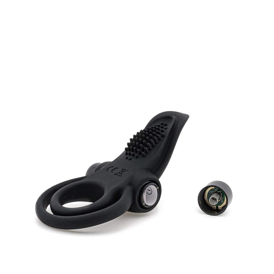 Czarny silikonowy pierścień z wibracją oraz wypustkami do stymulacji łechtaczki