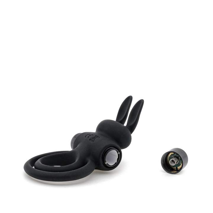 Czarna silikonowa nakładka na penisa z pierścieniami i wibratorem króliczek