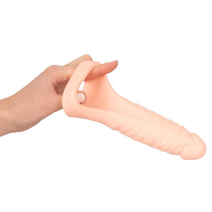 Pierścień na penisa i jądra z podwójnym dildo 18 cm do podwójnej penetracji