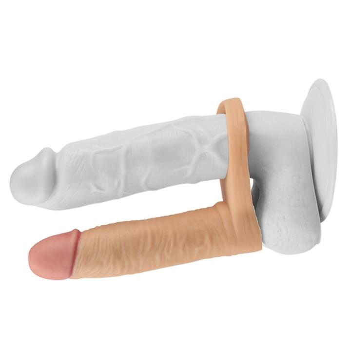 Podwójne dildo analne 14,7 cm z pierścieniami na penisa i jądra