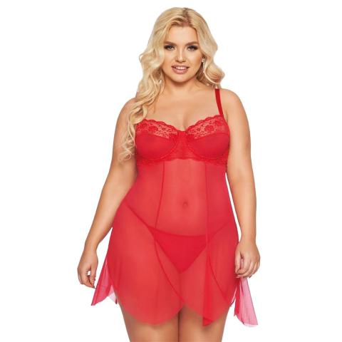Czerwona koszulka babydoll z koronką i stringami