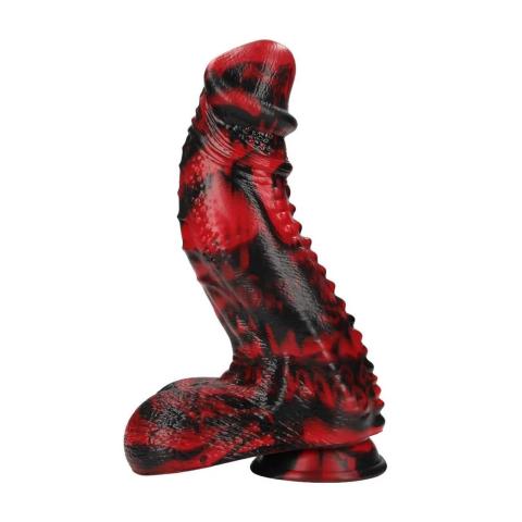 Fantazyjne dildo z płynnego silikonu 18,5 cm czerwono-czarne
