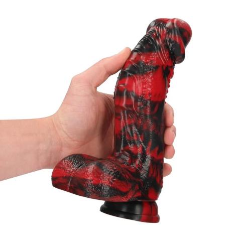 Fantazyjne dildo z płynnego silikonu 18,5 cm czerwono-czarne