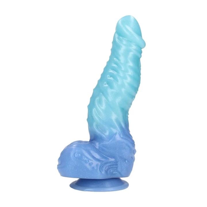 Niebieskie fantazyjne dildo 18 cm z płynnego silikonu, wodoodporne