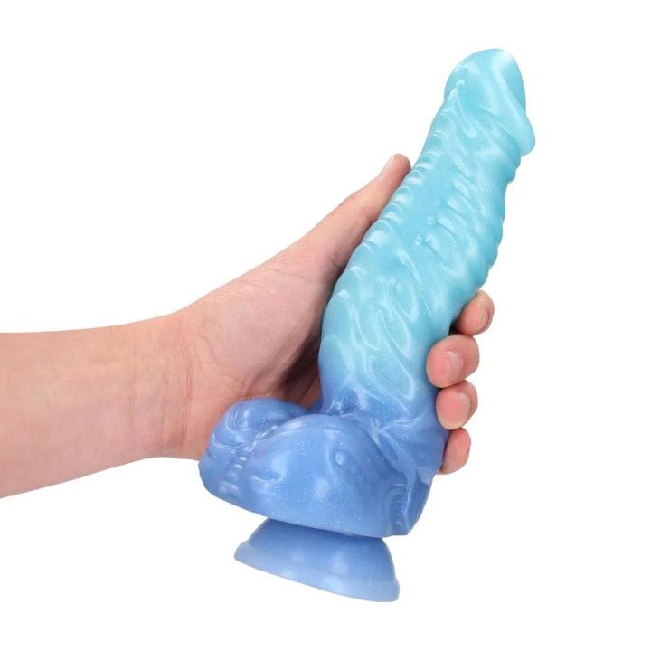Niebieskie fantazyjne dildo 18 cm z płynnego silikonu, wodoodporne