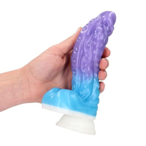 Fantazyjne dildo z płynnego silikonu 16 cm fioletowo-niebieskie