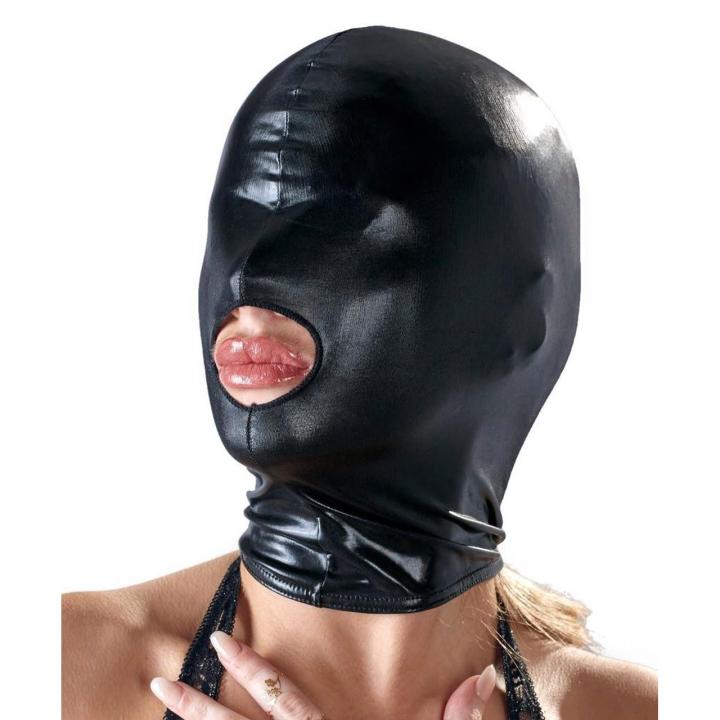 Czarna maska BDSM wetlook z otworem na usta