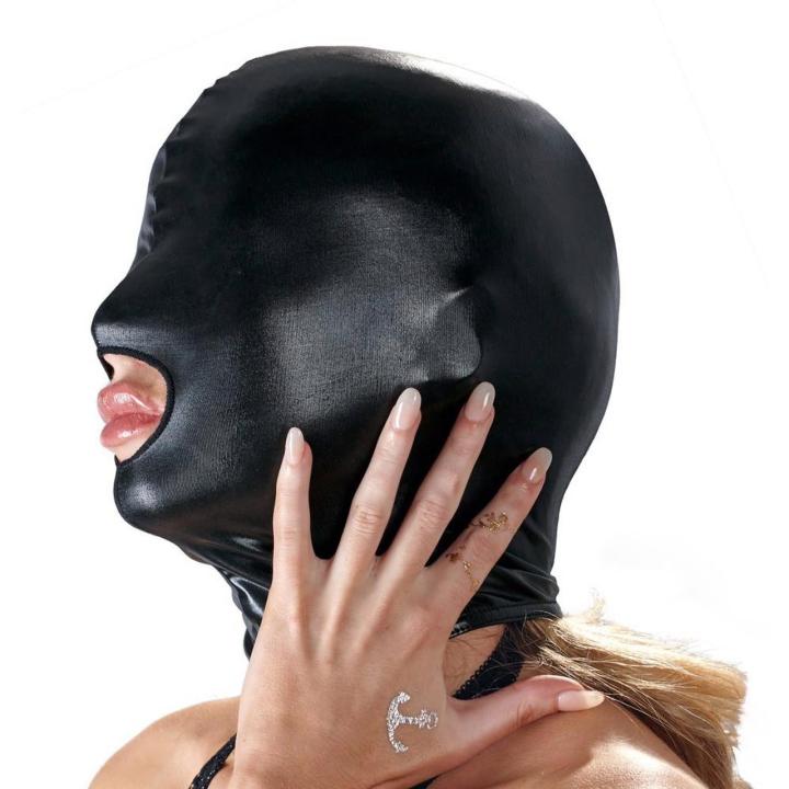 Czarna maska BDSM wetlook z otworem na usta