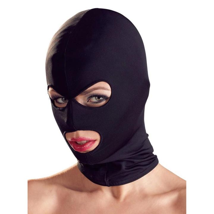 Czarna maska BDSM na głowę z otworami na oczy i usta
