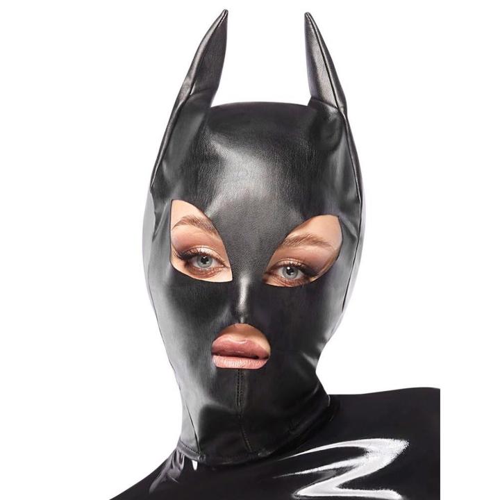 Czarna maska BDSM z kocimi uszami – eko skóra, otwory na oczy i usta