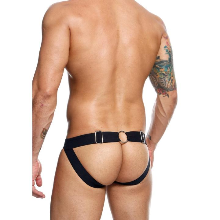 Czarny jockstrap męski ze skóry syntetycznej z łańcuszkowym przodem
