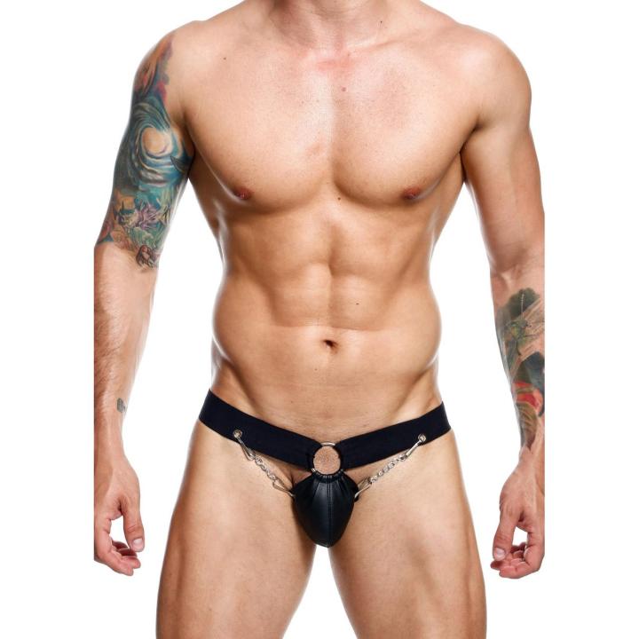 Czarny jockstrap męski ze skóry syntetycznej z łańcuszkowym przodem