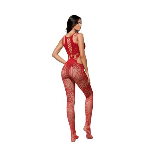 Czerwony bodystocking z ażurowym wzorem i wycięciami po bokach