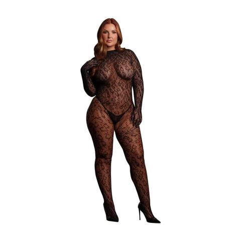 Transparentny catsuit plus size w panterkę z otwartym krokiem czarny