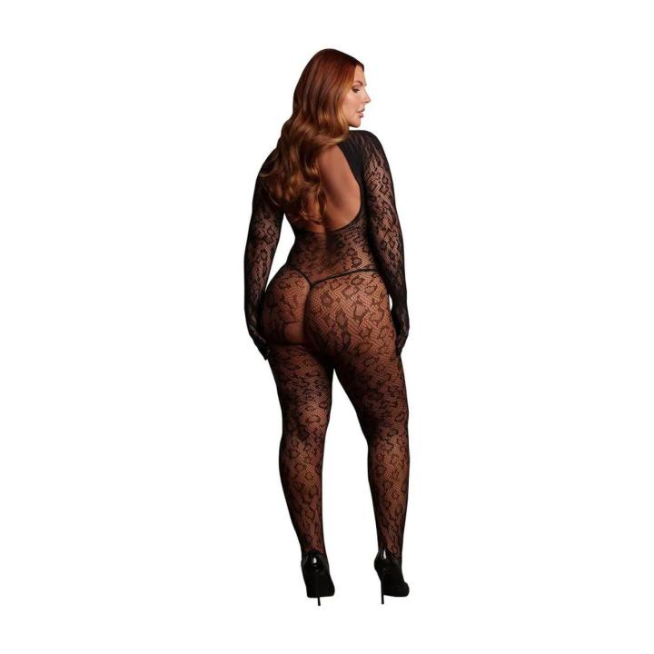 Transparentny catsuit plus size w panterkę z otwartym krokiem czarny
