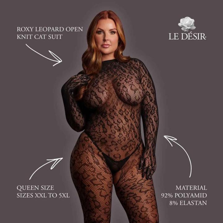 Transparentny catsuit plus size w panterkę z otwartym krokiem czarny