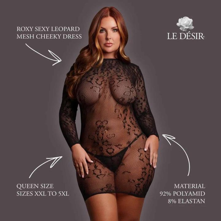 Transparentna sukienka w panterkę plus size XXL–5XL z długim rękawem