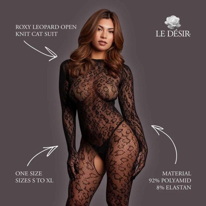 Transparentny catsuit w panterkę z otwartym krokiem, czarny one size