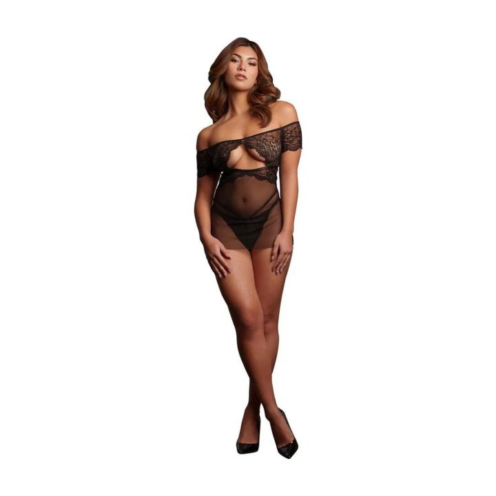 Czarna prześwitująca babydoll z koronką i odkrytymi ramionami one size