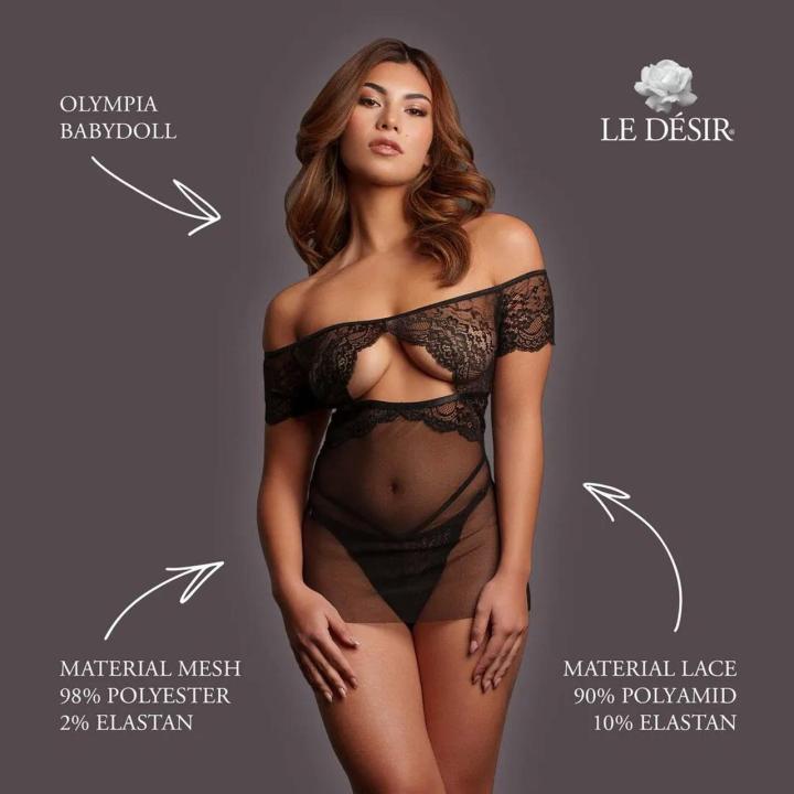 Czarna prześwitująca babydoll z koronką i odkrytymi ramionami one size