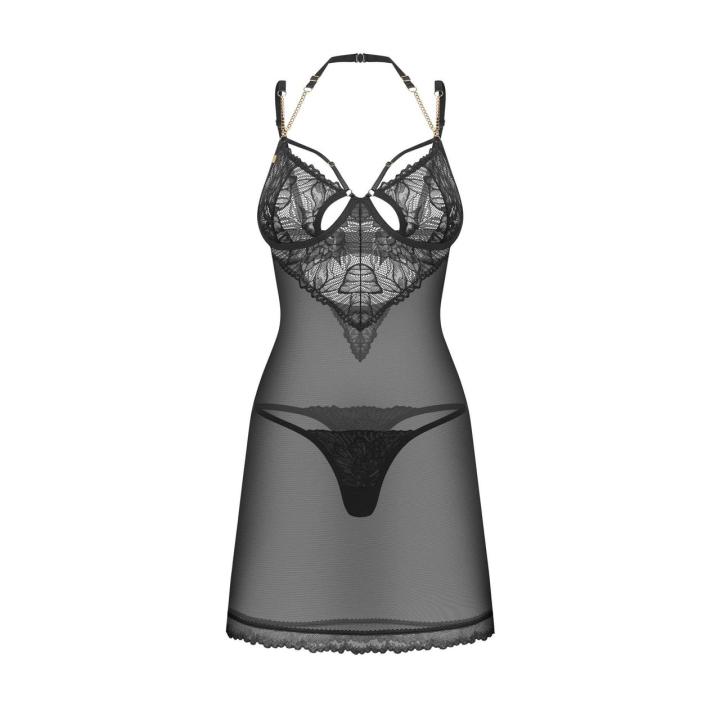 Czarna koszulka nocna ze stringami 2XL/3XL – fiszbiny, koronka i łańcuszki