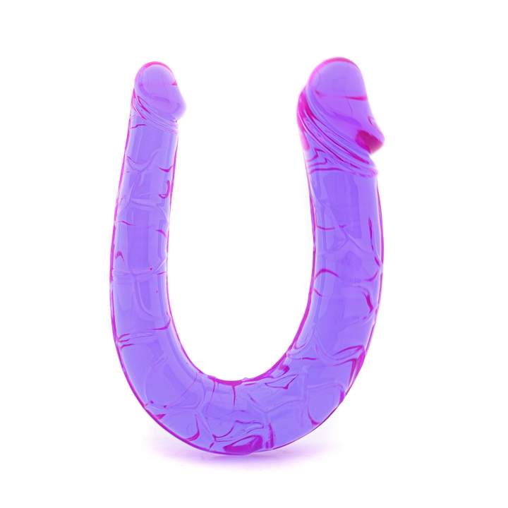 Fioletowe żelowe dildo dwustronne do stymulacji waginalno-analnej