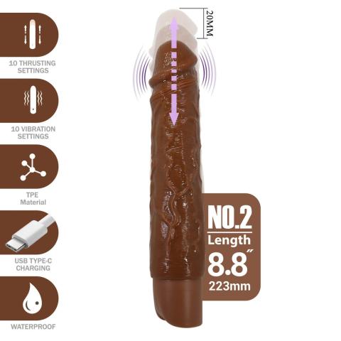 Realistyczne dildo posuwiste z wibracjami 10+10 trybów USB-C brązowe