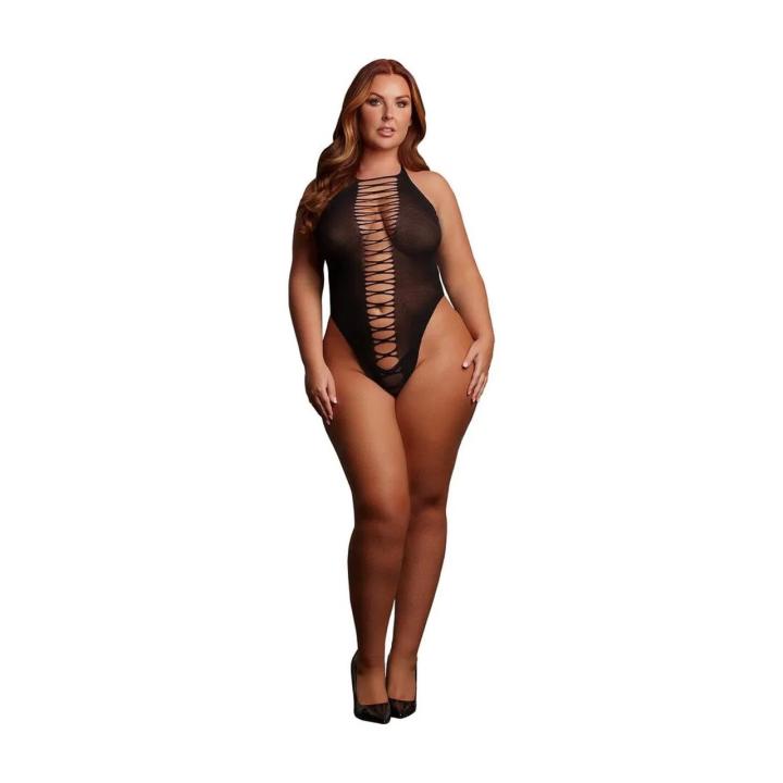 Czarne transparentne body halterneck plus size z ażurowymi wycięciami XXL–5XL