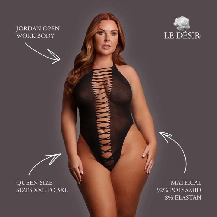 Czarne transparentne body halterneck plus size z ażurowymi wycięciami XXL–5XL
