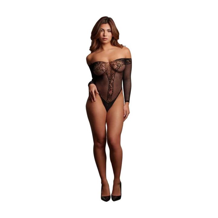 Czarne koronkowe body off-shoulder one size S–XL z długim rękawem
