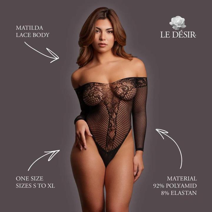 Czarne koronkowe body off-shoulder one size S–XL z długim rękawem