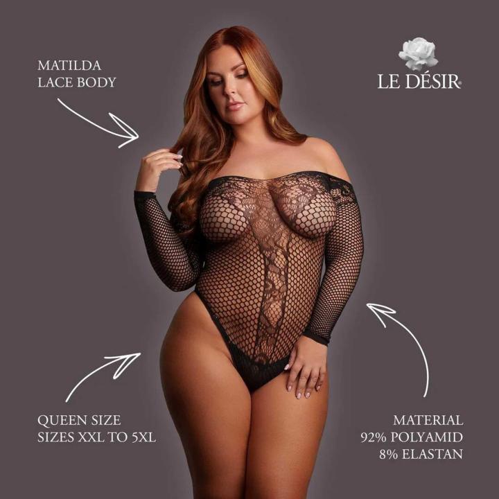 Koronkowe body plus size off shoulder XXL–5XL z długim rękawem