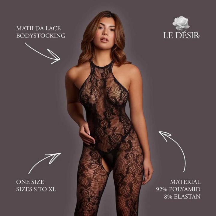 Koronkowe bodystocking czarne one size z wysokim dekoltem i otwartym krokiem