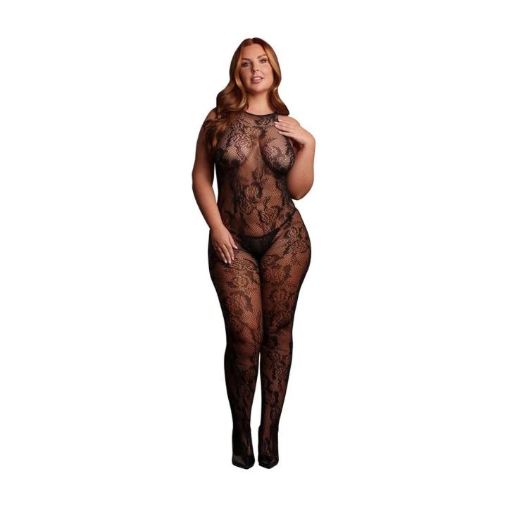Koronkowe bodystocking plus size XXL–5XL z wysokim dekoltem i otwartym krokiem