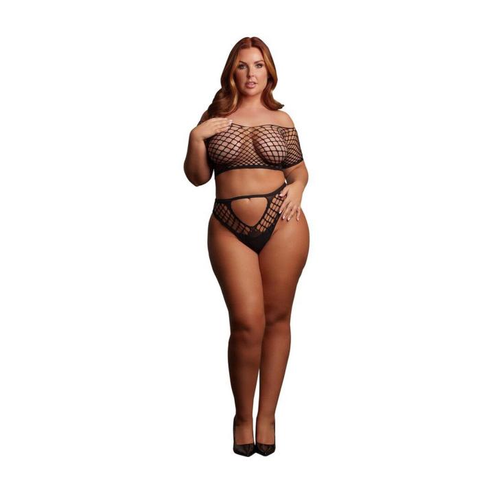 Czarny ażurowy komplet plus size 2-częściowy z topem off-shoulder