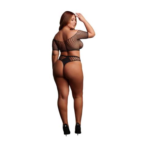 Czarny ażurowy komplet plus size 2-częściowy z topem off-shoulder