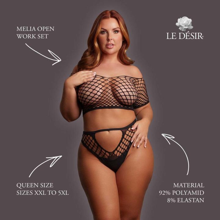 Czarny ażurowy komplet plus size 2-częściowy z topem off-shoulder