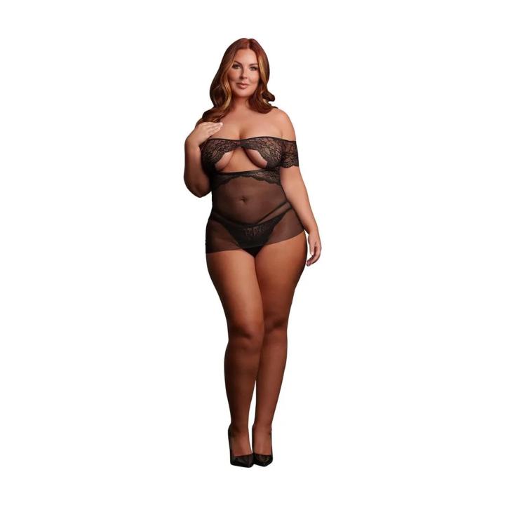Czarna babydoll plus size XXL–5XL z odkrytymi ramionami i koronką