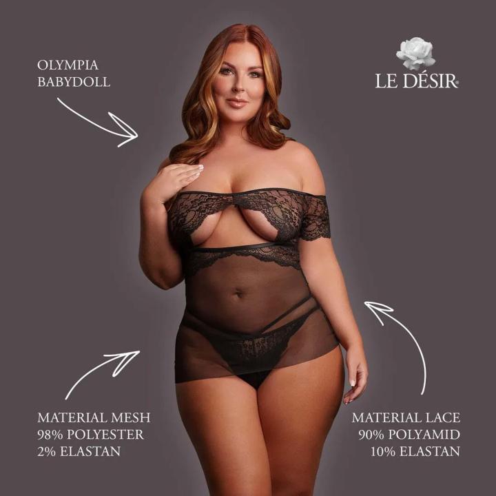 Czarna babydoll plus size XXL–5XL z odkrytymi ramionami i koronką