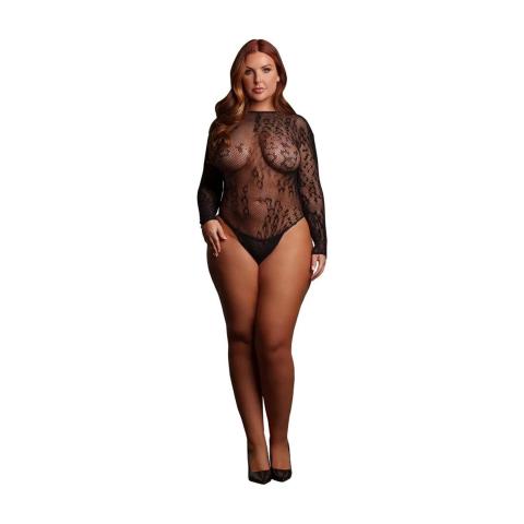 Transparentne body plus size w panterkę z otwartym krokiem i długim rękawem