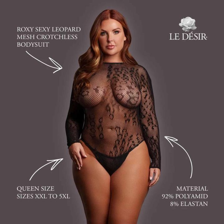 Transparentne body plus size w panterkę z otwartym krokiem i długim rękawem