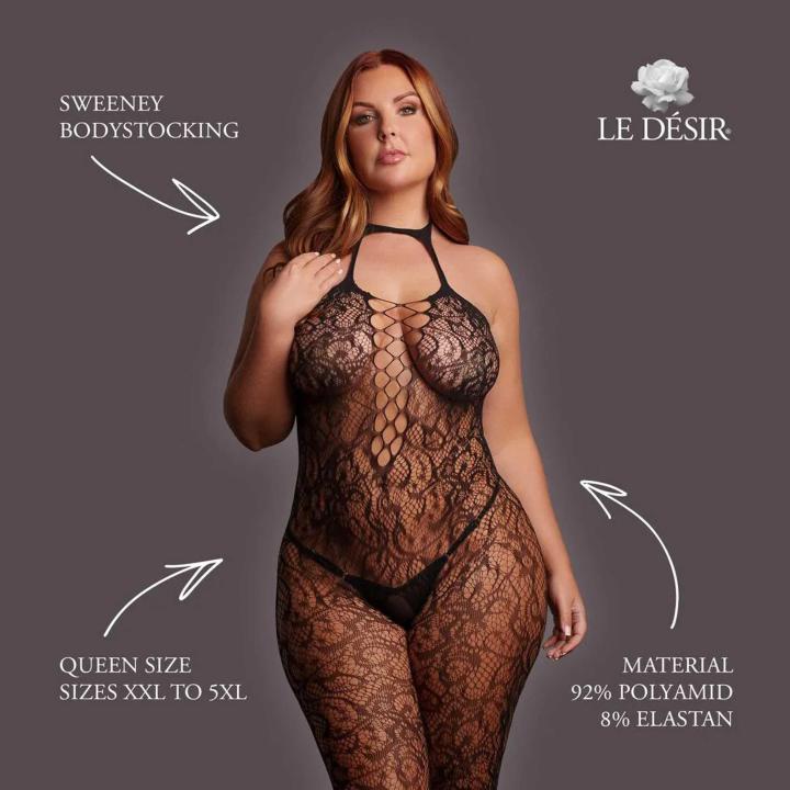Koronkowe bodystocking plus size czarne halterneck z wiązaniem na szyi
