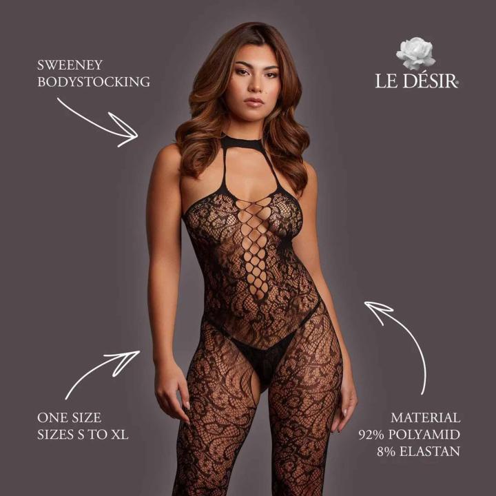 Czarne koronkowe bodystocking halterneck z wiązaniem na szyi one size