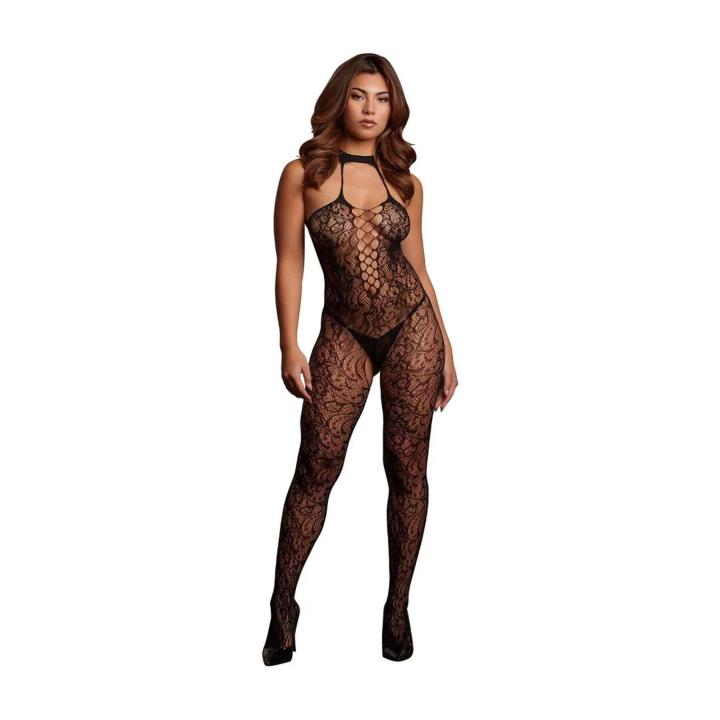 Czarne koronkowe bodystocking halterneck z wiązaniem na szyi one size