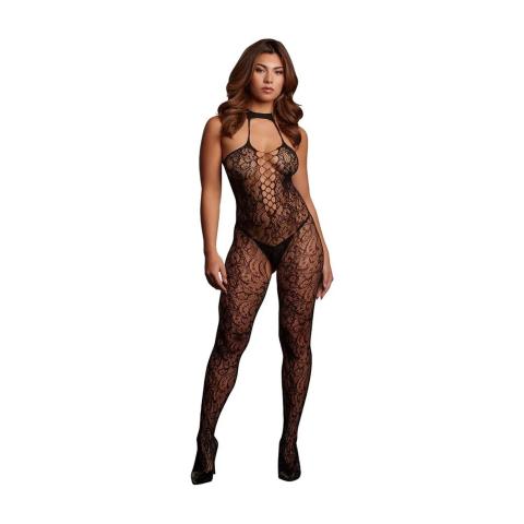 Czarne koronkowe bodystocking halterneck z wiązaniem na szyi one size