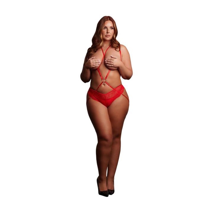 Czerwony komplet harness z sercem plus size XXL–5XL | paski i figi