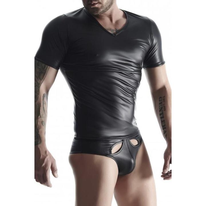 Męski t-shirt wetlook V-neck z ukrytym dostępem do klatki piersiowej