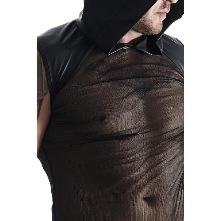 Męski t-shirt bez rękawów z kapturem z siateczki i ekoskóry
