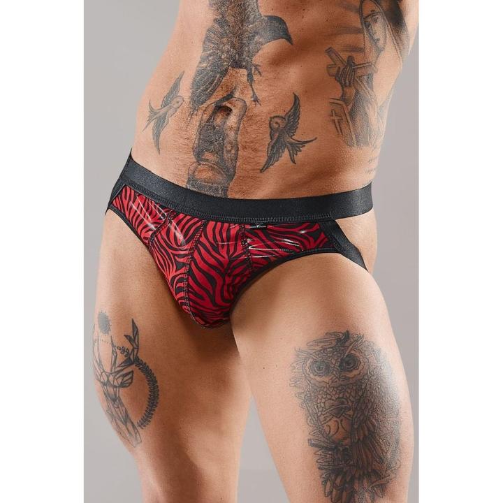 Męski jockstrap tiulowy zebra z winylową wstawką